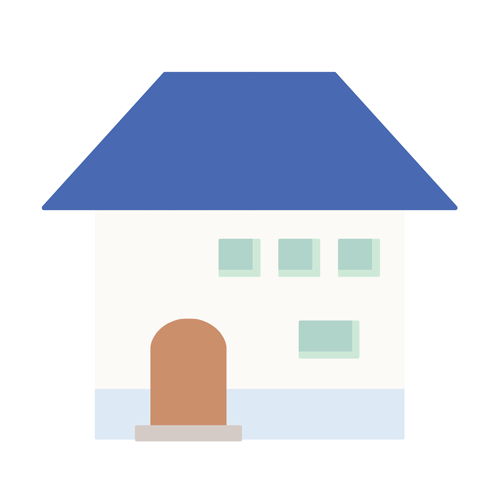 青い台形屋根の家