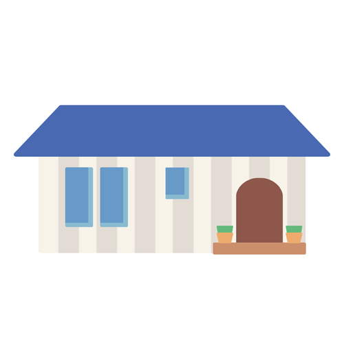 青い台形屋根の平屋